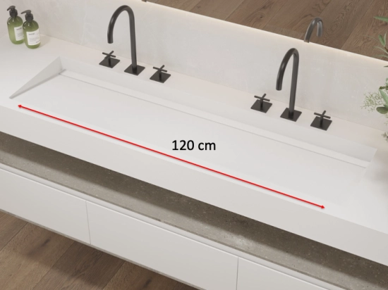Plan vasque, bassin incliné grand taille 120 cm : L 130 à 201 x P 40 à 51 cm, finition lisse mate, 10 couleurs au choix, , résine Akrytan® teinté dans la masse, Livraison Offerte.